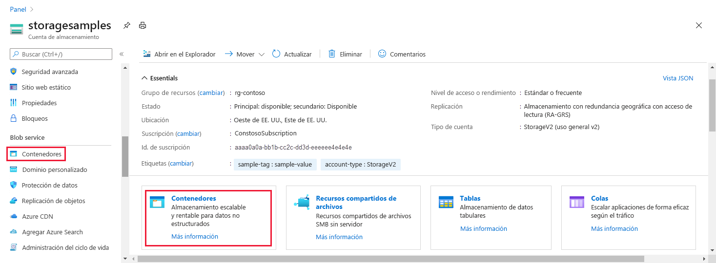 Captura de pantalla que muestra cómo ir a los datos de blob en Azure Portal