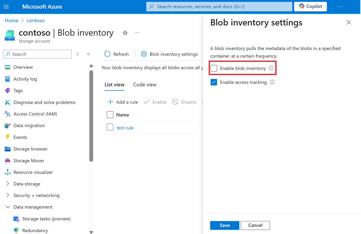 Captura de pantalla que muestra la casilla Habilitar inventario de blobs en Azure Portal.