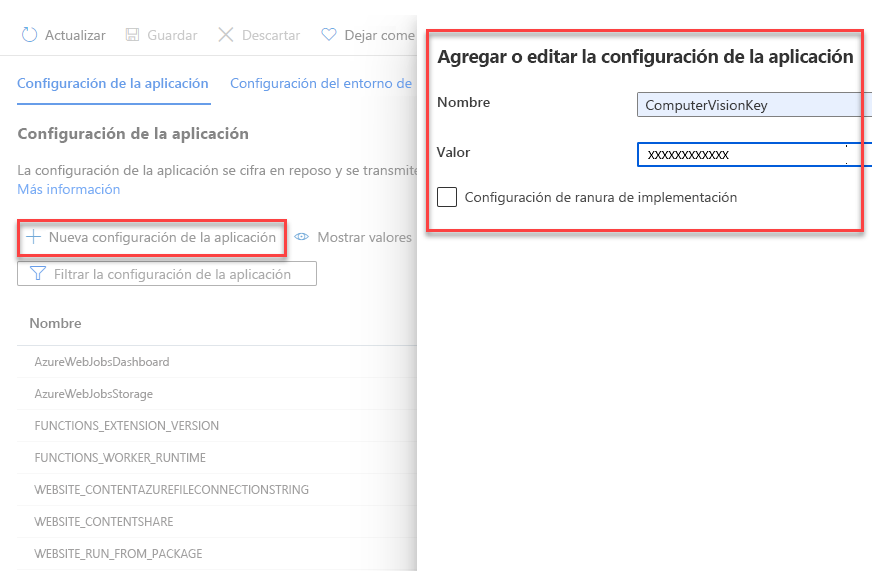 Captura de pantalla que muestra cómo agregar una nueva configuración de aplicación a una función de Azure.