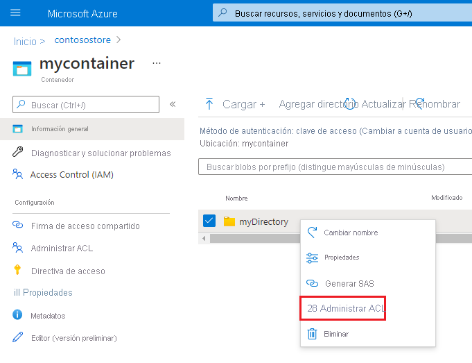 menú contextual para administrar una acl