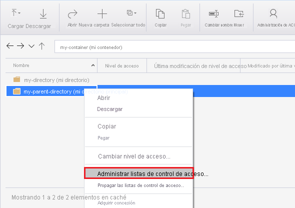 Clic con el botón derecho en un directorio en el Explorador de Azure Storage