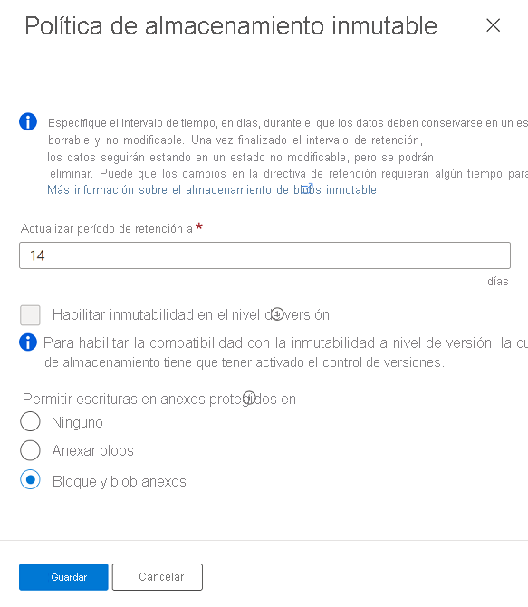 Captura de pantalla en la que se muestra cómo modificar una directiva de retención de duración definida desbloqueada