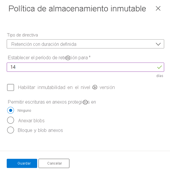 Captura de pantalla en la que se muestra cómo configurar una directiva de inmutabilidad que está en el ámbito del contenedor