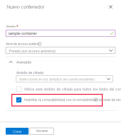 Captura de pantalla que muestra cómo crear un contenedor con la inmutabilidad en el nivel de versión habilitada