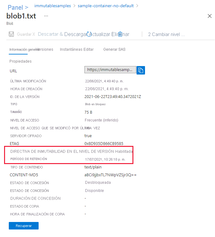 Captura de pantalla que muestra las propiedades de la directiva de inmutabilidad en la versión del blob en Azure Portal