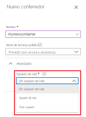 Captura de pantalla que muestra opciones de squash en Azure Portal.