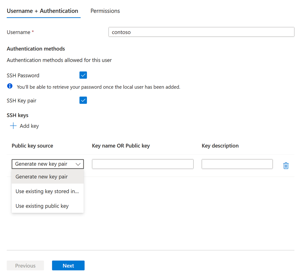 Captura de pantalla del panel de configuración del usuario local.