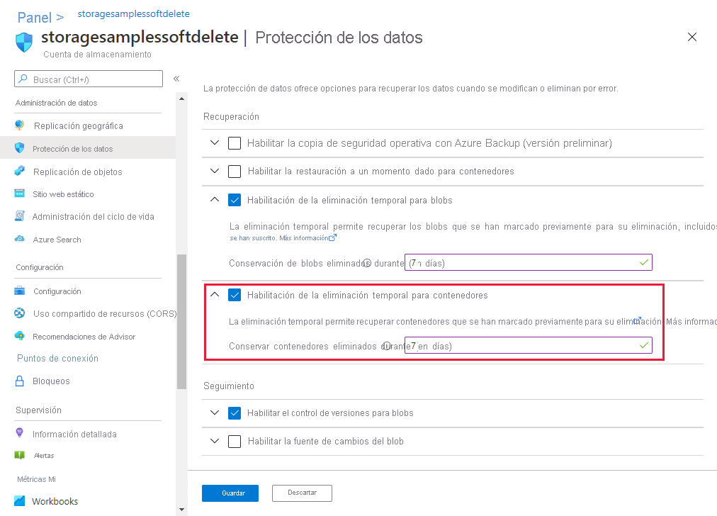 Captura de pantalla que muestra cómo habilitar la eliminación temporal de contenedores en Azure Portal