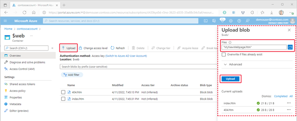 Imagen que muestra cómo cargar archivos en el contenedor de almacenamiento de un sitio web estático