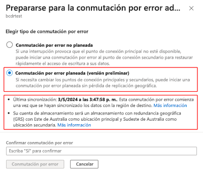 Captura de pantalla que muestra la opción de conmutación por error planeada seleccionada en la ventana Preparar para la conmutación por error.