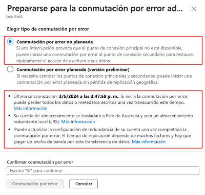 Captura de pantalla que muestra la opción de conmutación por error seleccionada en la ventana Preparar para la conmutación por error.