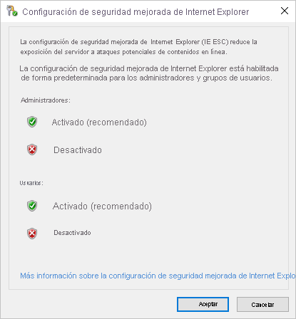 Recorte de pantalla que muestra la ventana emergente Configuración de seguridad mejorada de Internet Explorer con 