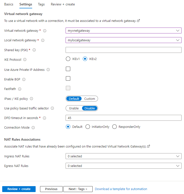 Captura de pantalla que muestra cómo configurar las opciones de una conexión VPN de sitio a sitio mediante Azure Portal.