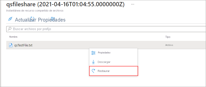 Captura de pantalla de la pestaña de instantáneas, qstestfile está seleccionado y el botón Restaurar está resaltado.