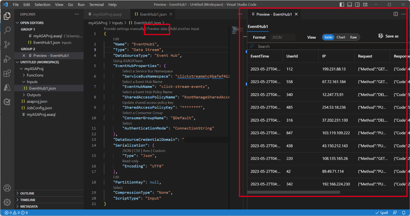 Captura de pantalla de la vista previa de los datos de entrada en directo de la extensión de VSCode.