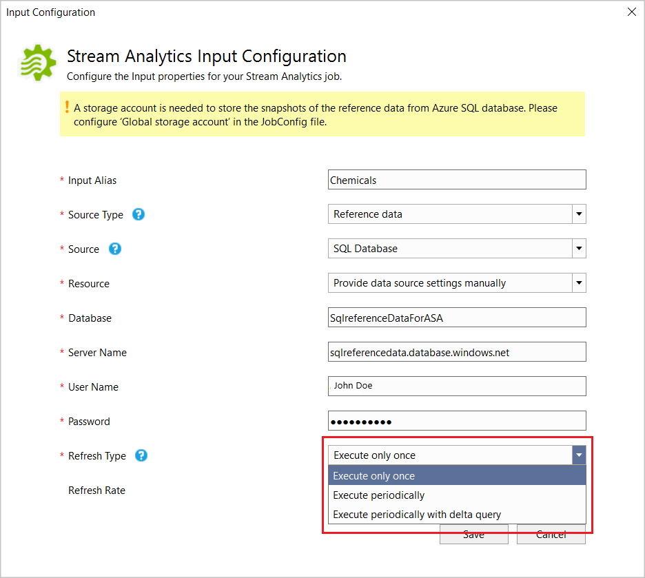 En Input Configuration (Configuración de entrada) de Stream Analytics, los valores se especifican o seleccionan en listas desplegables.