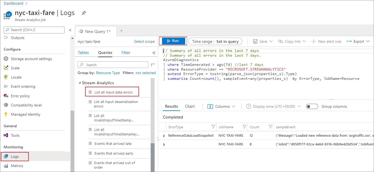 Captura de pantalla que muestra los registros de un trabajo de Stream Analytics.