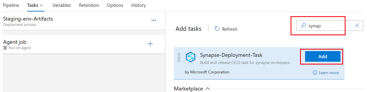 Captura de pantalla que muestra la búsqueda de Implementación de área de trabajo de Synapse para crear una tarea.