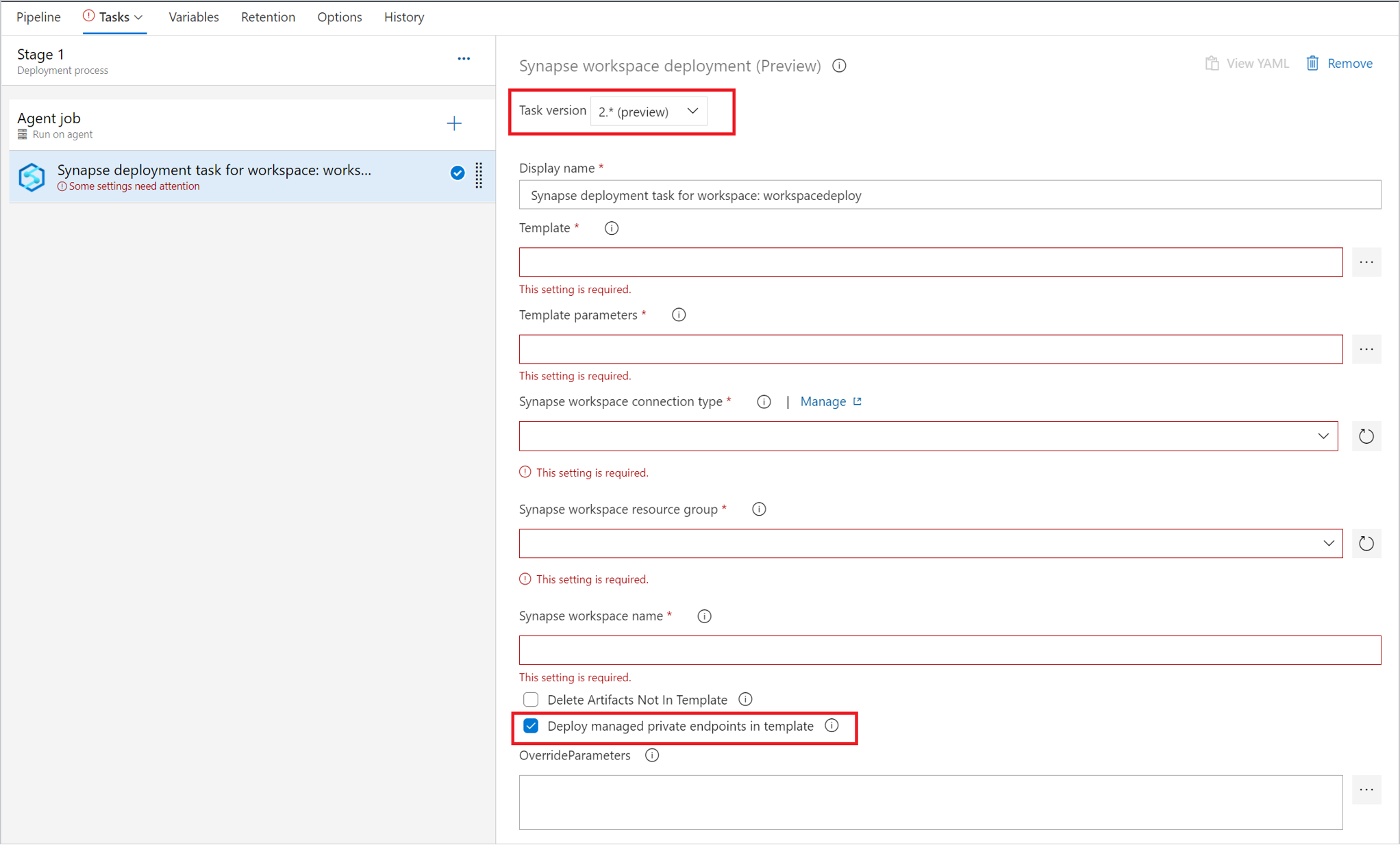 Captura de pantalla en la que se muestra la selección de la versión 2.x para implementar puntos de conexión privados con la tarea de implementación de Synapse.