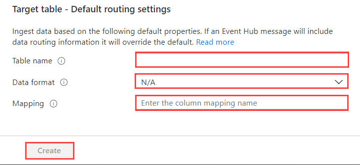 Configuración de enrutamiento predeterminada para la ingesta de datos en Event Hubs: Azure Synapse Data Explorer.