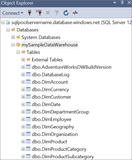 Captura de pantalla de SQL Server Management Studio (SSMS) en la que se muestran objetos de base de datos en el Explorador de objetos.