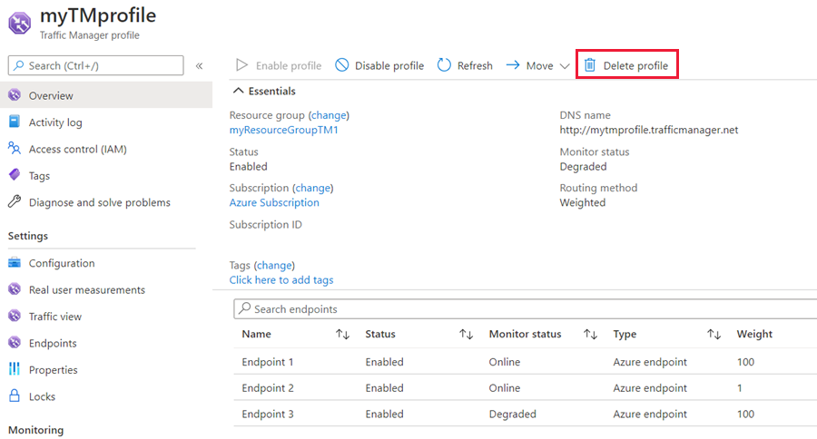 Eliminación del perfil ponderado de Traffic Manager