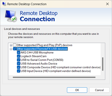 Recorte de pantalla que muestra un ejemplo de periféricos USB disponibles para redireccionar mediante el redireccionamiento opaco de bajo nivel.