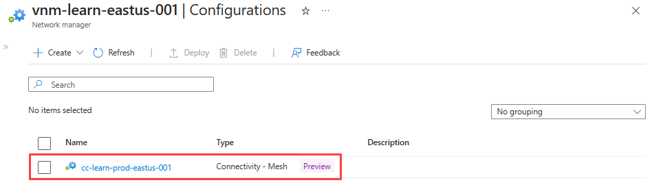 Captura de pantalla de la lista de configuración de conectividad.