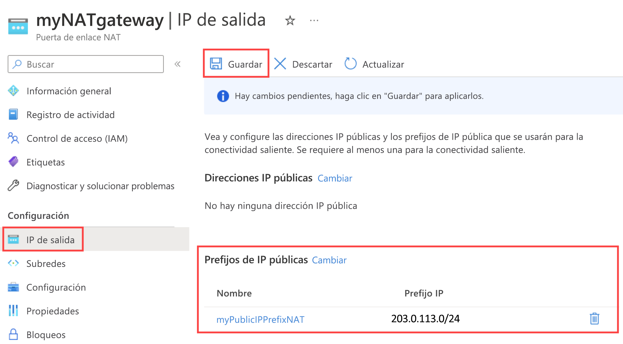 Captura de pantalla de la página de configuración de IP de salida de puerta de enlace NAT en la que se muestra el nuevo prefijo de dirección IP pública.