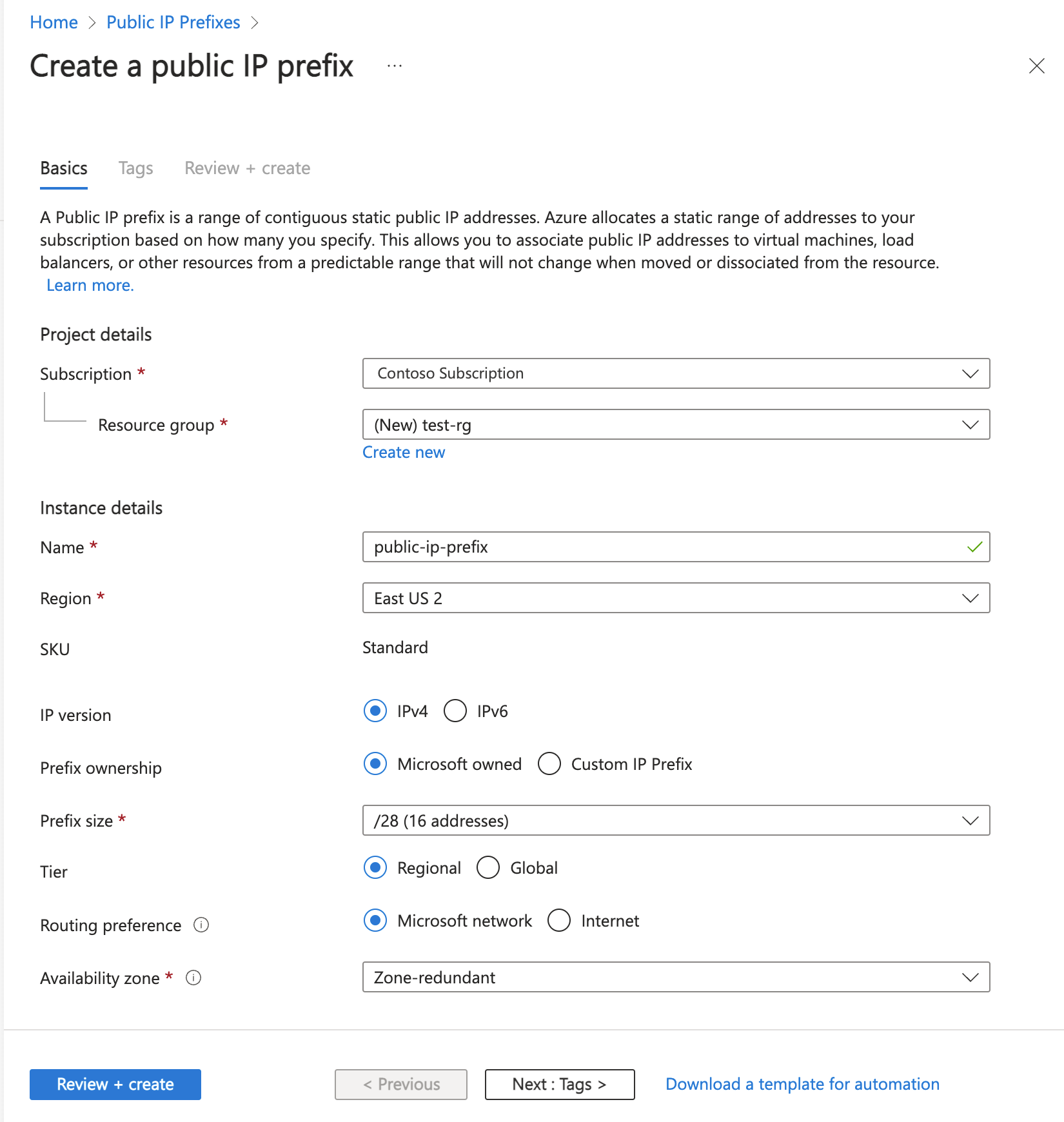 Captura de pantalla de la creación de un prefijo de dirección IP pública con la configuración predeterminada de Azure Portal.