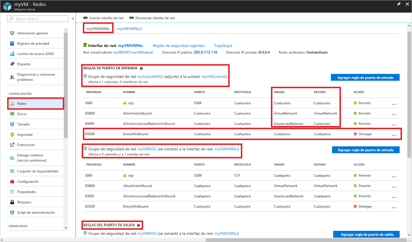 Captura de pantalla que muestra la configuración de Redes de Azure Portal para la interfaz myVMVMNic.