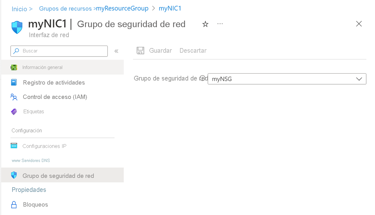 Captura de pantalla de la configuración del grupo de seguridad de red.