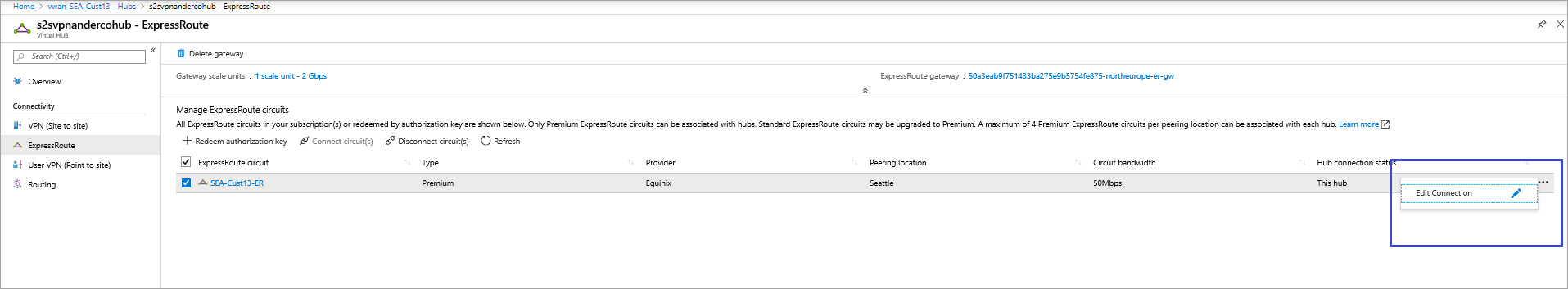 Captura e pantalla que muestra la página Editar puerta de enlace ExpressRoute.
