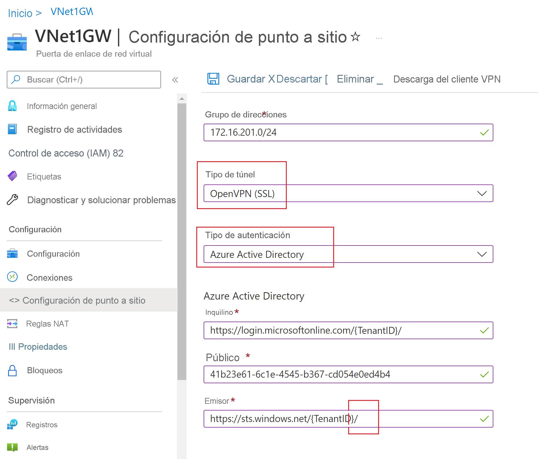 Captura de pantalla que muestra la configuración del tipo de túnel, el tipo de autenticación y la configuración de Microsoft Entra.