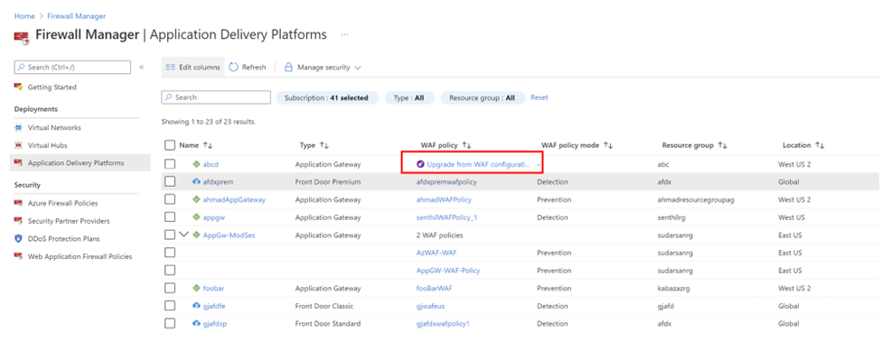 Captura de pantalla que muestra la actualización de la configuración de WAF.