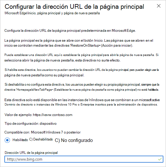 Configurar la dirección URL de la página principal