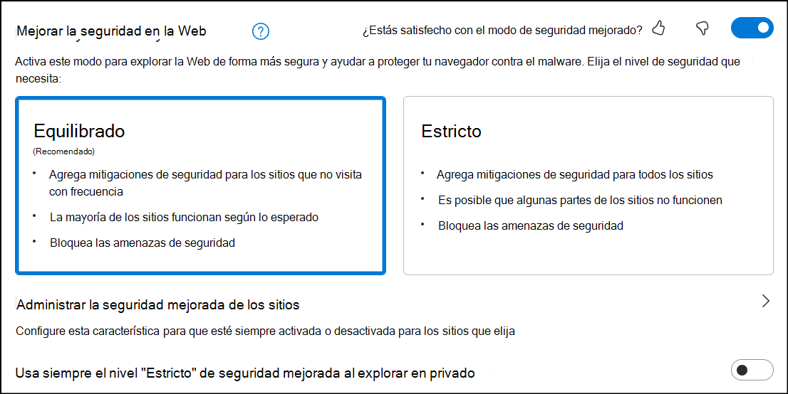 Cuadro de diálogo para configurar la seguridad equilibrada en la Web.