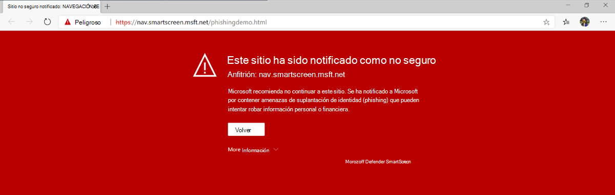 La página de bloqueo de SmartScreen de Microsoft Defender para un enlace a un sitio externo