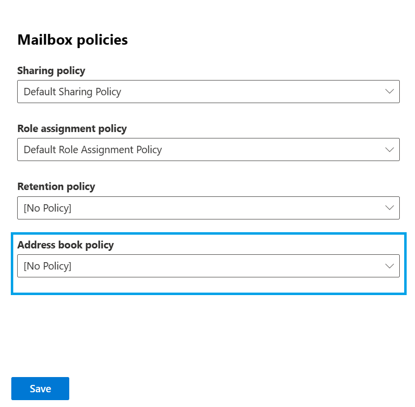 Captura de pantalla que muestra la configuración de directivas de libreta de direcciones para un buzón en el EAC en Destinatarios>, seleccione Editar > características de buzón de correo>.