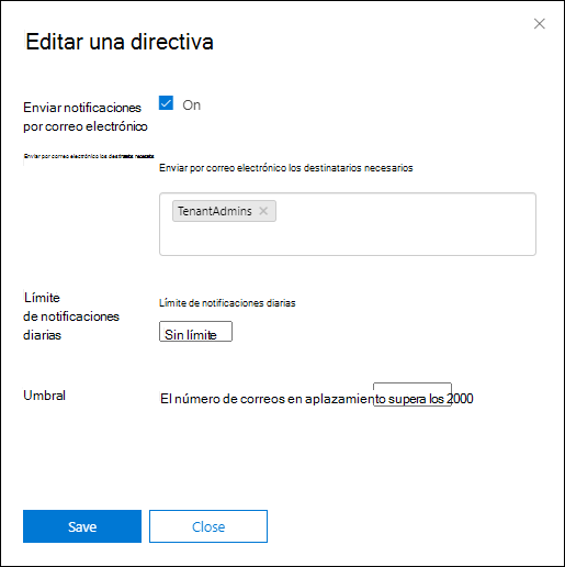 La configuración de notificación de los mensajes se ha retrasado en los detalles de la directiva de alertas.