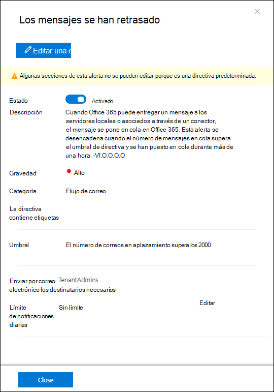 Los mensajes se han retrasado en los detalles de la directiva de alertas en el portal de Microsoft Defender.