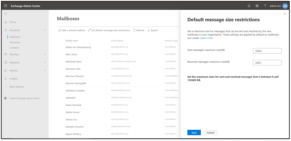 Captura de pantalla de la configuración de restricciones de tamaño de mensaje.