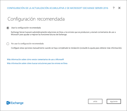 Instalación de Exchange: página de configuración recomendada.