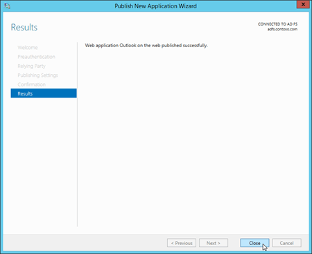 La página Resultados del Asistente para publicar nueva aplicación en el servidor de Application Proxy web.