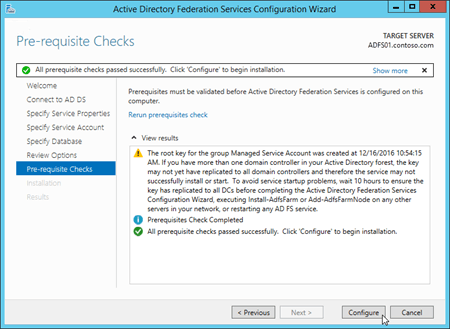 La página Comprobación de requisitos previos en el Asistente para configuración de Servicios de federación de Active Directory (AD FS).