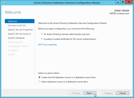 La página principal del Asistente para configuración de Servicios de federación de Active Directory (AD FS).