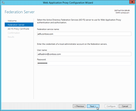 Escriba las credenciales del servidor de AD FS en la página Servidor de federación del Asistente para configuración de Application Proxy web.