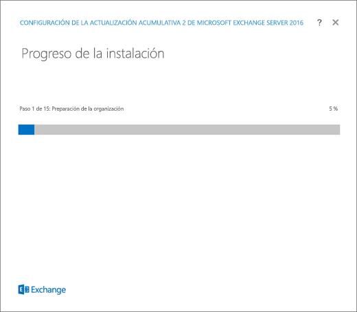 Instalación de Exchange: página de progreso de la instalación.