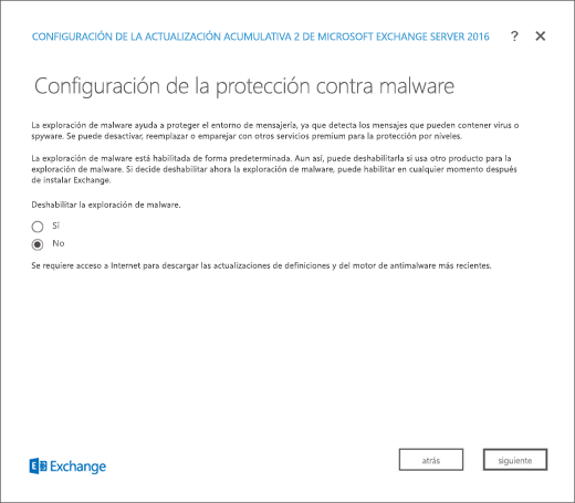 Instalación de Exchange: página de configuración de protección contra software malintencionado.