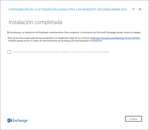 Instalación de Exchange: página de instalación finalizada.